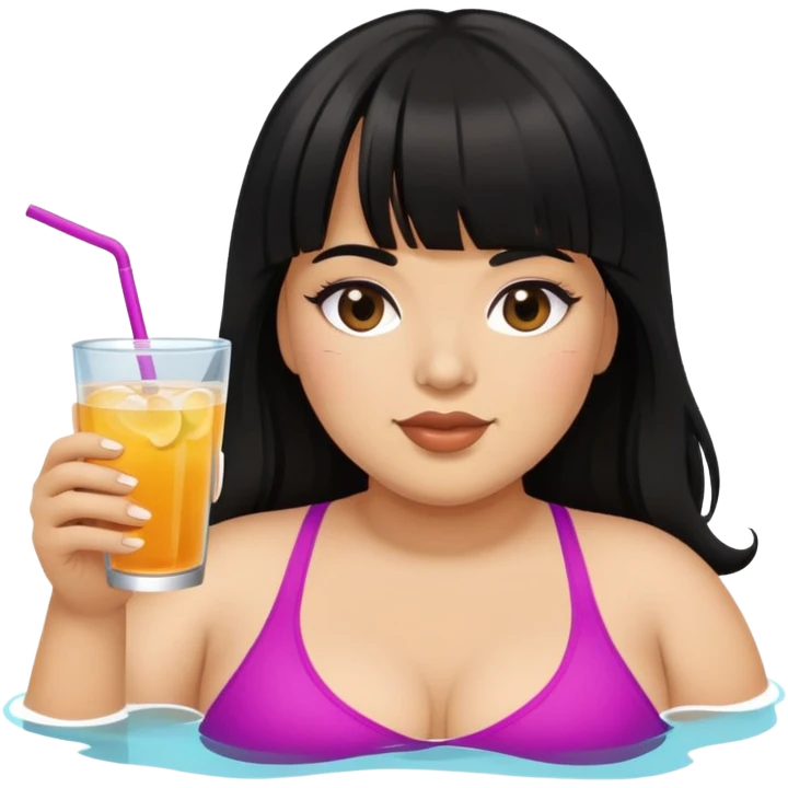 Latina female with bangs black long hair plus size swimming with a drink emoji
