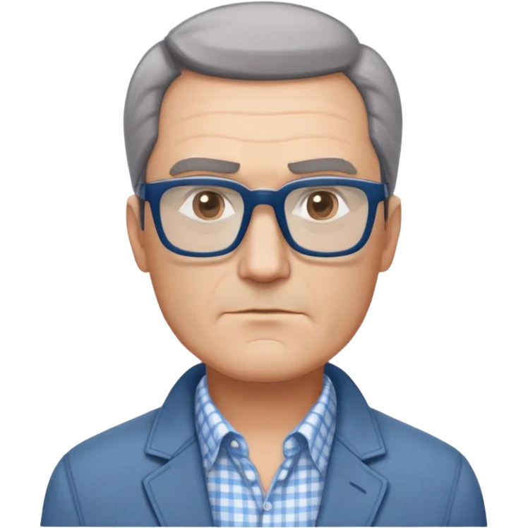50-year-old man with square face, large dark square glasses, short straight hair combed to the side with some gray. Serious-relaxed expression with subtle age lines. Light gray jacket, white shirt with blue checkered pattern. emoji