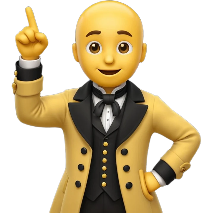 3d yellow emoji character passionately pointing while wearing victorian coat and cravat, dramatic confident face, early 2000s cgi emoji style, white background emoji