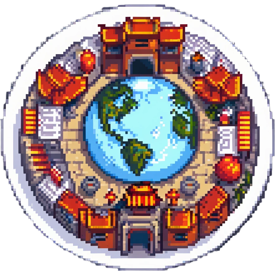 round planet with China Town buildings inside a circle, pixel art, vibrant colors emoji
