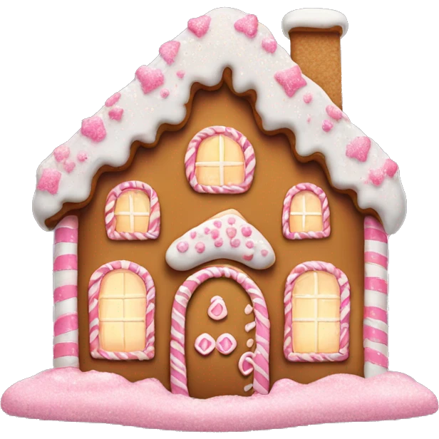 big gingerbread house with sparkles and pink and white icing sugar emoji