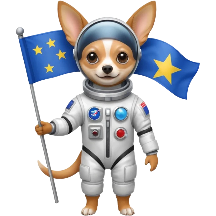 a chihuahua in space suit, holding blue rectangle flag, full body, front view emoji