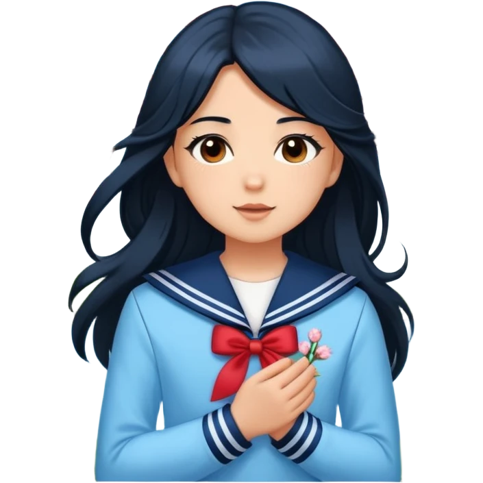  A white girl with a Black long hair, and a baby blue sailor suit, enjoying the spring breeze，Wearing cherry blossoms on your hair emoji