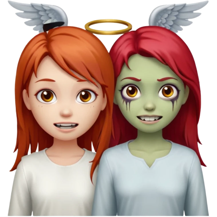 девушка ангел с нимбом и крыльями, с рыжими прямыми волосами по плечи, с улыбкой, стоит рядом с девушка зомби с темными длинными прямыми золосами, со злым выражением лица и ровными белыми зубами в стиле Apple avatar emoji