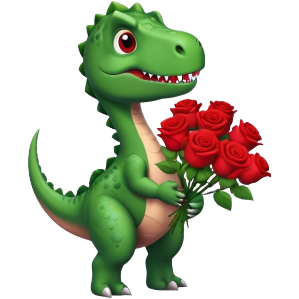 Dinosaur holding bouquet of red roses emoji