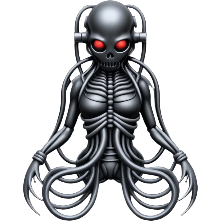 dark intertwined black wires forming a creature, wrapped in black rags and bondage straps, Giger-inspired emoji