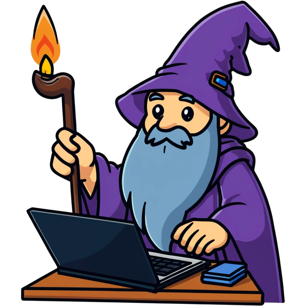 A wizard casting magic spells on a computer, IT wizard emoji