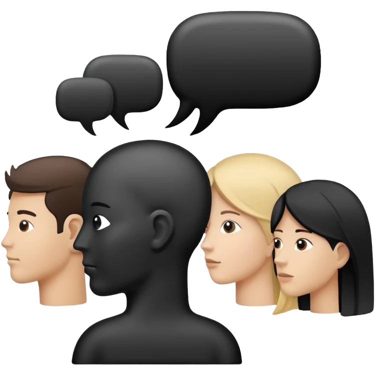 Minimalistic flat vector icon, iOS style, thin black contour on white background. Human head with speech bubble and small group of people silhouettes listening. Clean, no text, no shadows emoji