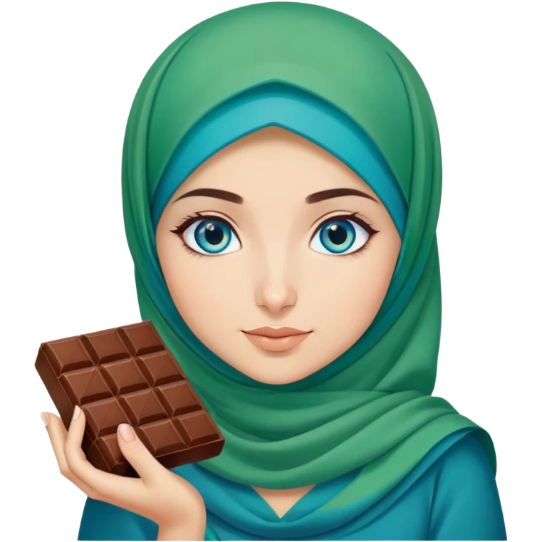 Turkish beautiful finish Konya girl blue eyes with green and blue hijab islamic dress and had on her hand Dubai chocolate  emoji