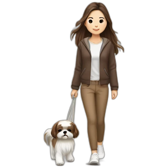 a asian girl with long brown hair walking with a white and brown shih tzu emoji