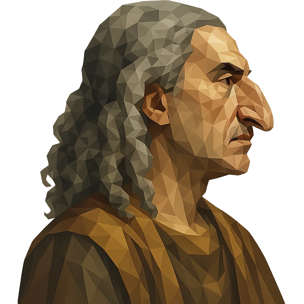 polygonal style profile portrait of an Egyptian historian with long curly grey hair, wearing an Egyptian cloak, large aquiline nose emoji