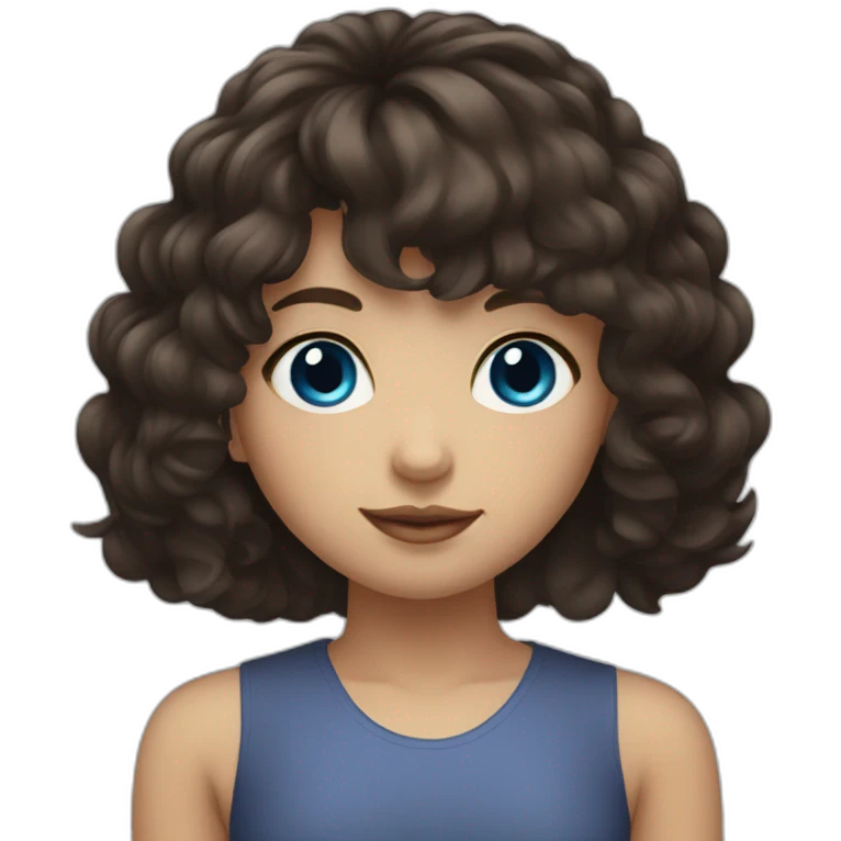 girl with dark brown hair, thick bangs, blue eyes emoji