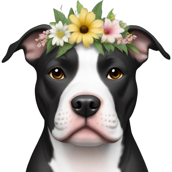 Black and white Pitbull with floral crown emoji
