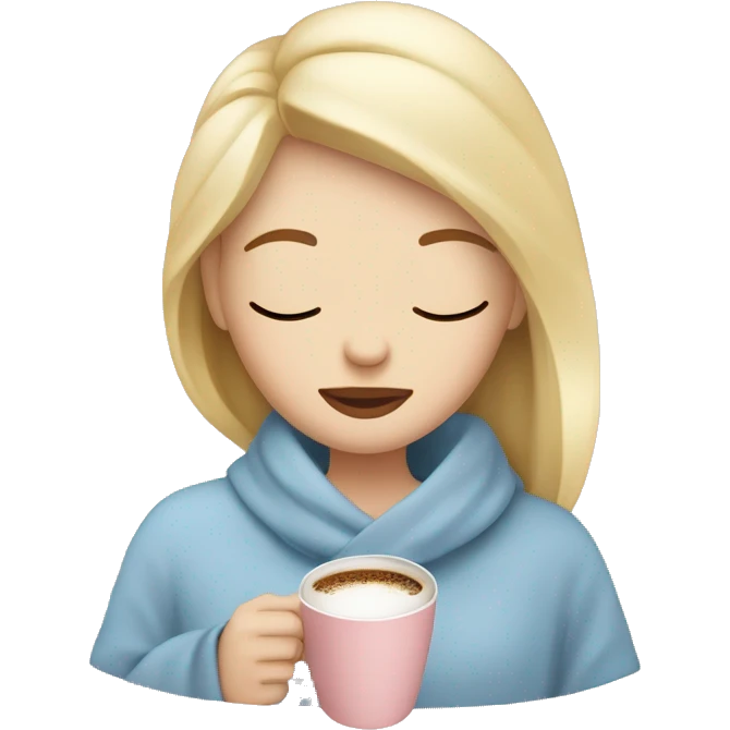 Blonde girl inside a light pink blancket sipping coffee eyes closed white skin blue eyes  emoji