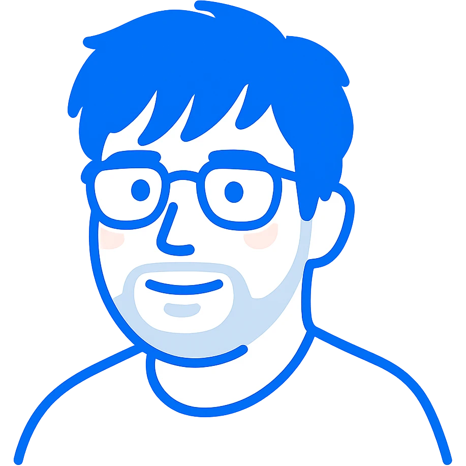 A man with glasses, stylishly messy longer hair with cool well-defined bangs, a naturally round face shape, and a broader nose. Use bright blue colors for the main outlines and details, subtle pink highlights only on the cheeks, and gray only for the short beard and shadow details where necessary. emoji