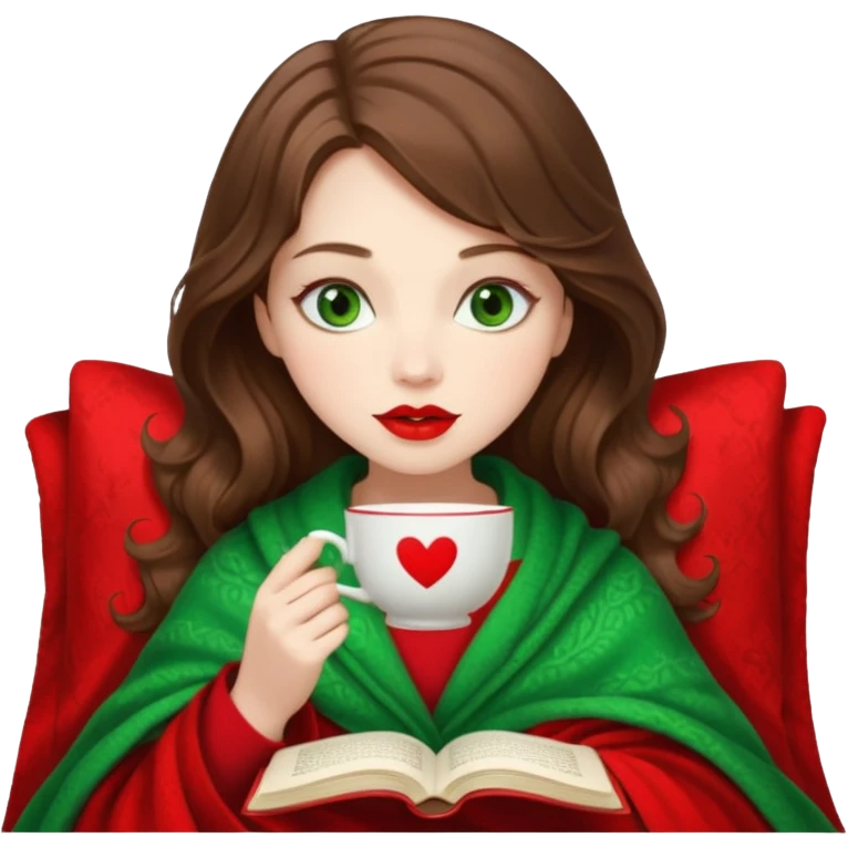 Long wavy brown haired, white skinned, green eyed girl with red lipstick wrapped in a blanket, sipping tea and reading a book emoji