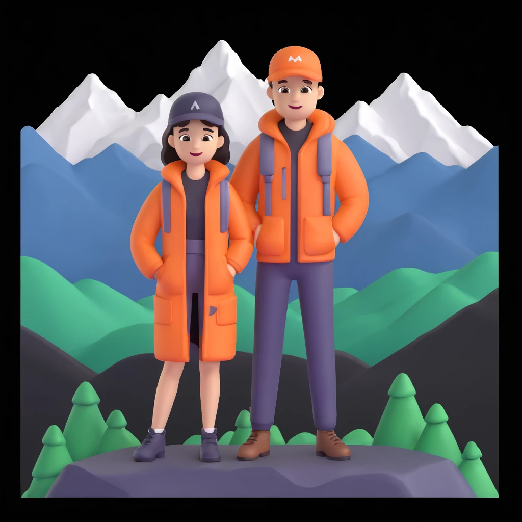 back packer couple posing, mountains in background,   close up pose emoji