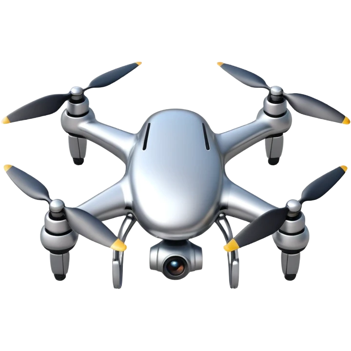 A futuristic drone emoji made of polished silver chrome, smooth rounded body, minimal propellers, reflective metallic surface, soft studio lighting, iOS emoji style, centered, clean white background emoji