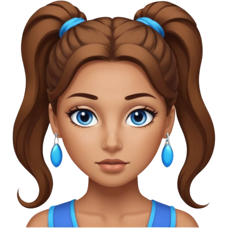 Attractive Woman with tan skin, baddie style, blue eyes, wide face, freckles, and a long voluminous ponytail and dark eye makeup emoji