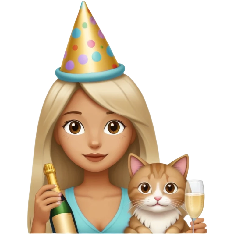 A long-haired girl wearing a birthday hat holding a cat and drinking champagne emoji