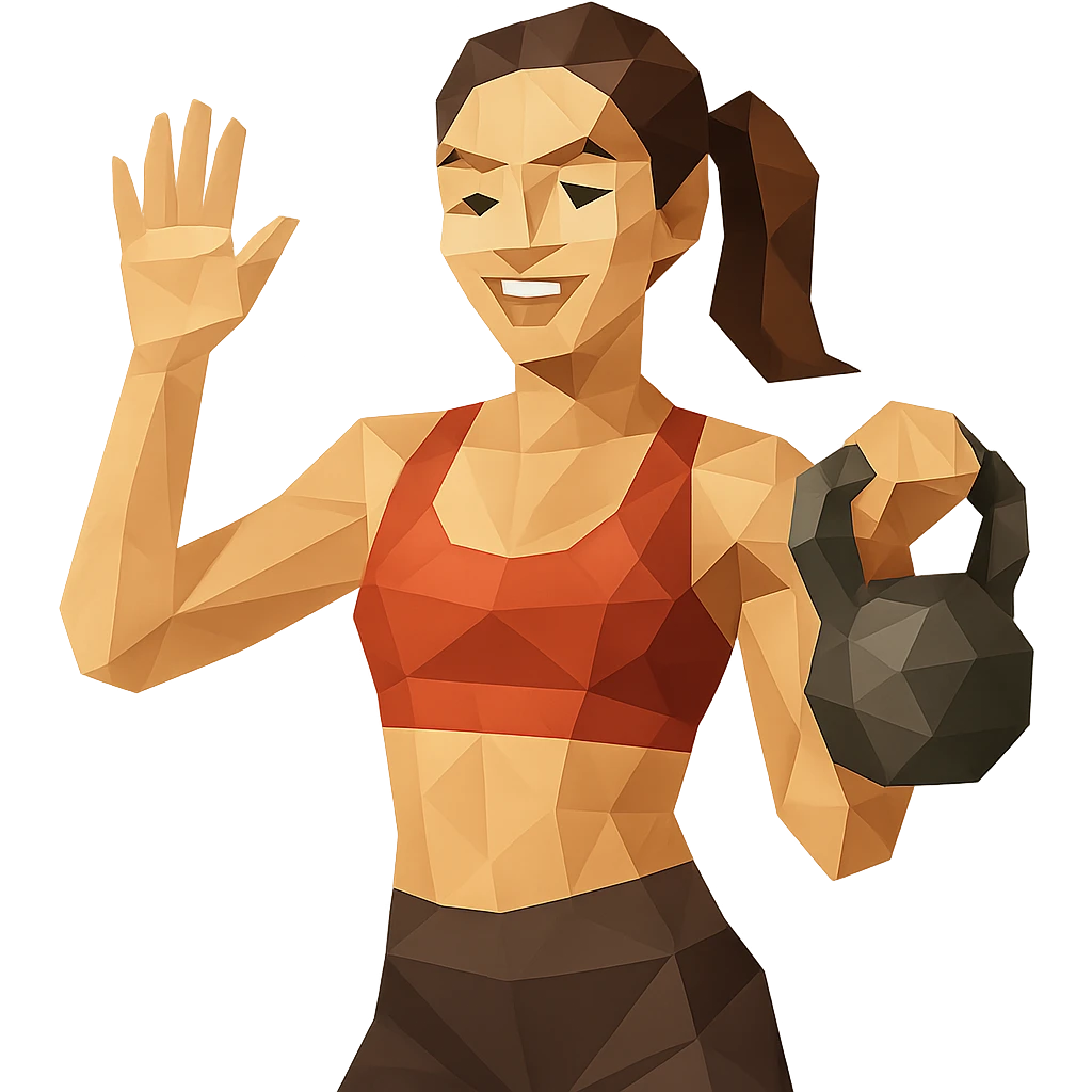 sport girl with kettlebell in one hand and waving hello with the other emoji