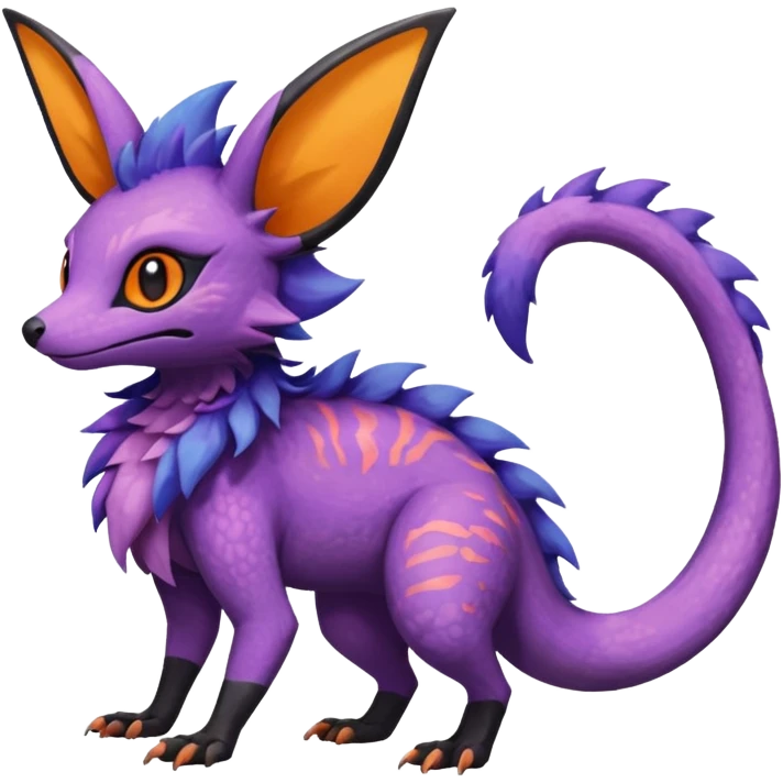 Rare epic aesthetic colorful Salandit-Noibat-Eevee-Genet-species-Fakemon-hybrid-creature, with markings, full body emoji