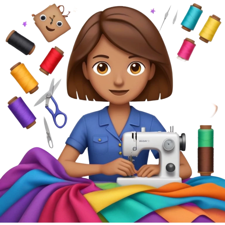sewing master with lots of cloth behind, epic emoji with vfx and particles emoji