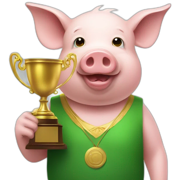 a pig wearing green clothes with a trophy emoji