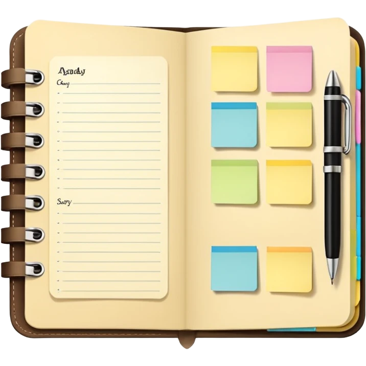 daily planner agenda cream leather with open page and pen with stickynotes emoji