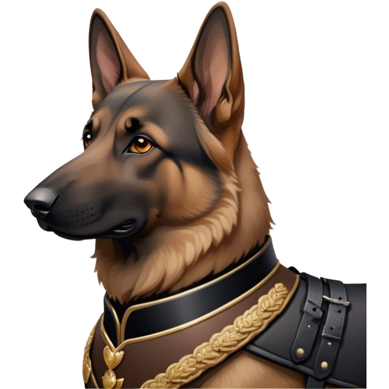 Cinematic Noble Tan/Black German Shepherd Portrait Emoji, Poised and regal, with a strong, athletic build and a dense, well-groomed coat in rich tan accented by a classic black saddle, deep-set soulful brown eyes, Simplified yet sharp and sophisticated features, highly detailed, glowing with a soft, dignified glow, high shine, intelligent and loyal, stylized with an air of authority, focused and attentive, soft glowing outline, capturing the essence of a watchful and commanding guardian, so majestic it feels as though it could stride out of the screen with effortless authority! emoji