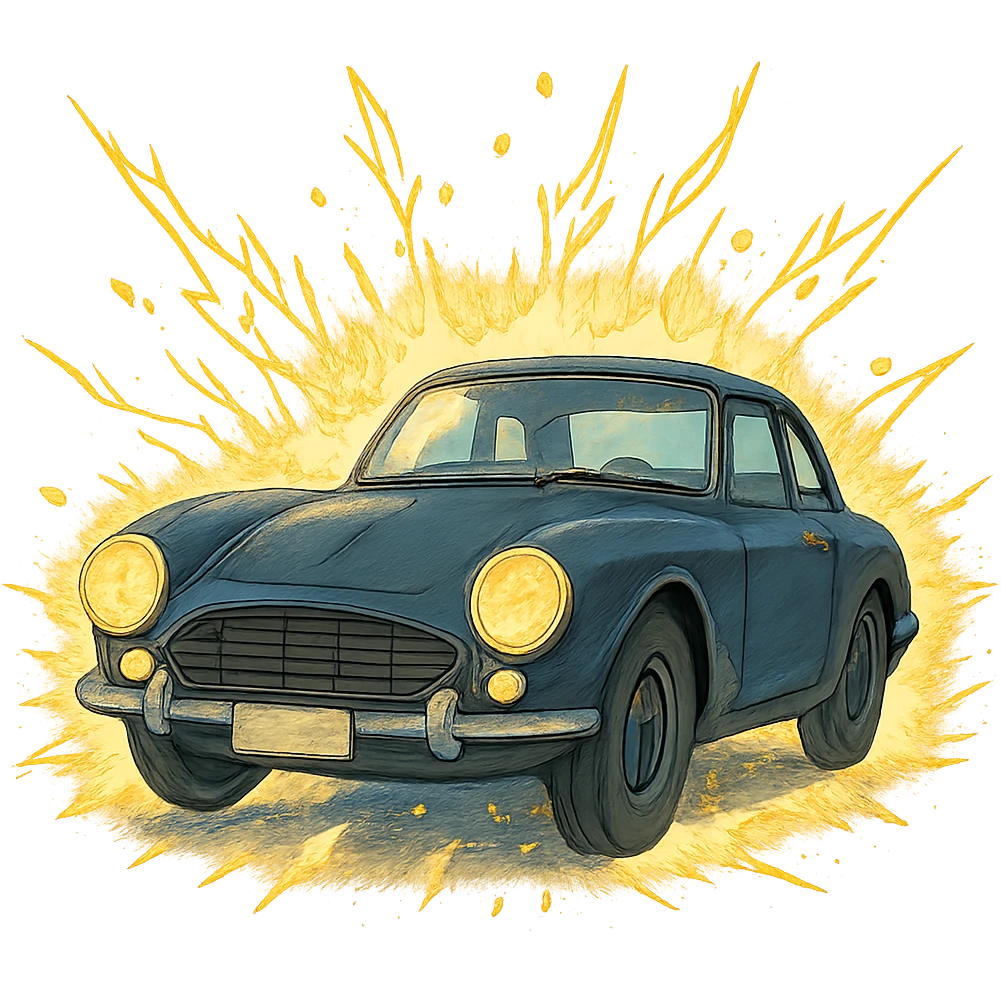 ghibli style illustration of a car radiating power emoji