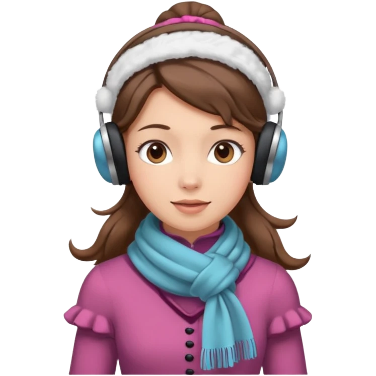 Victorian ice skater in a long dress. She is wearimg a scarf and earmuffs. She has boriwn hair. emoji