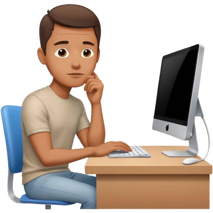 a man sitting at the table with an imac on it, a man sits in a very thoughtful pose emoji