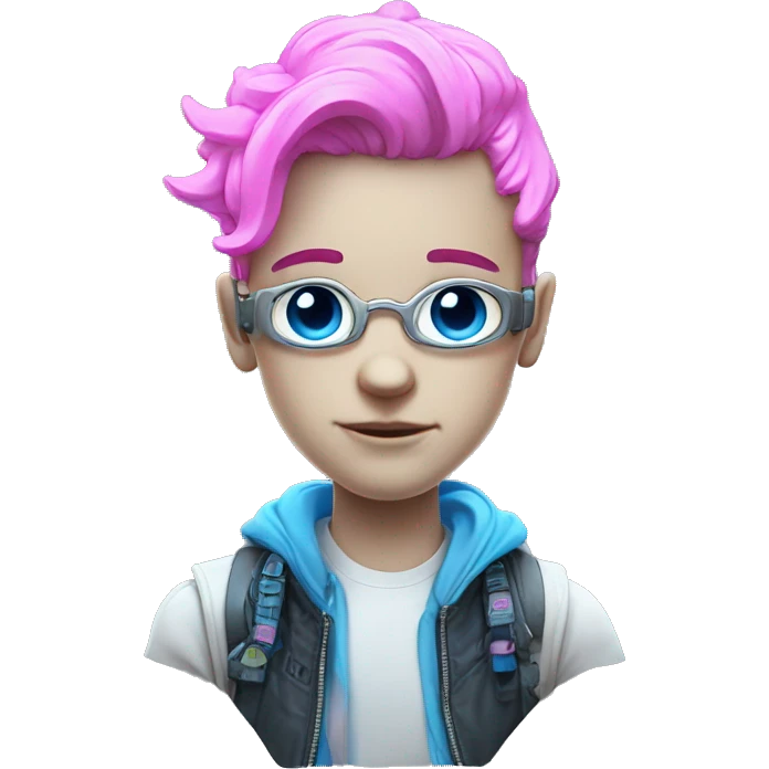 3D Emoji of a cyberpunk white boy. Pink and Blue neon emoji