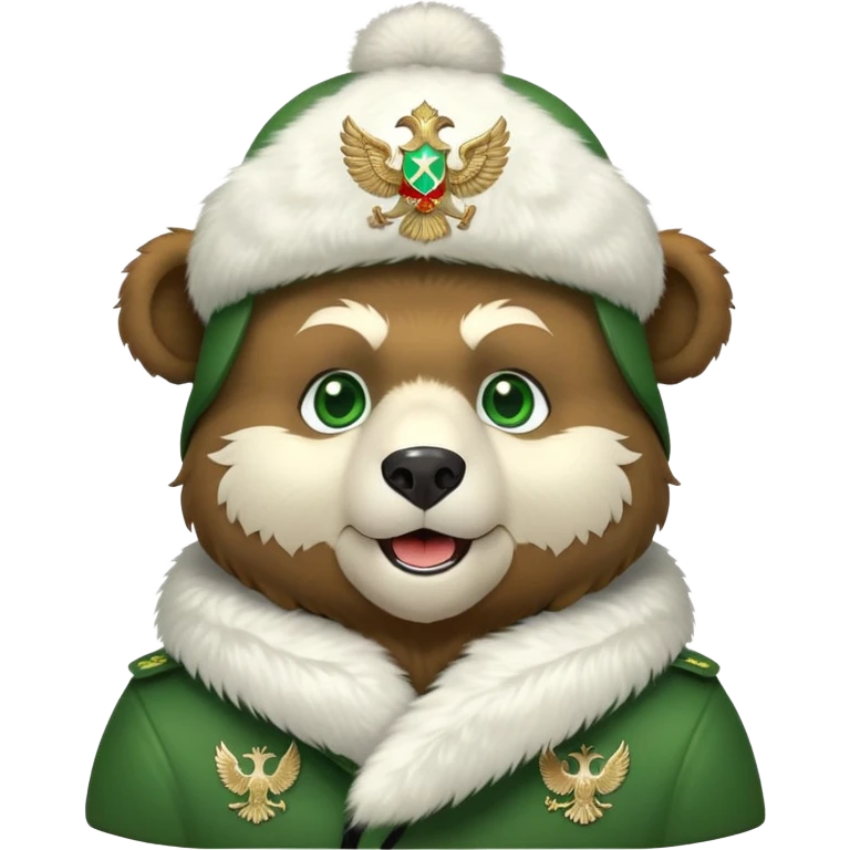 Happy Russian bear with bright green eyes, white fur ushanka hat with double-headed eagle insignia, cute facial expression emoji