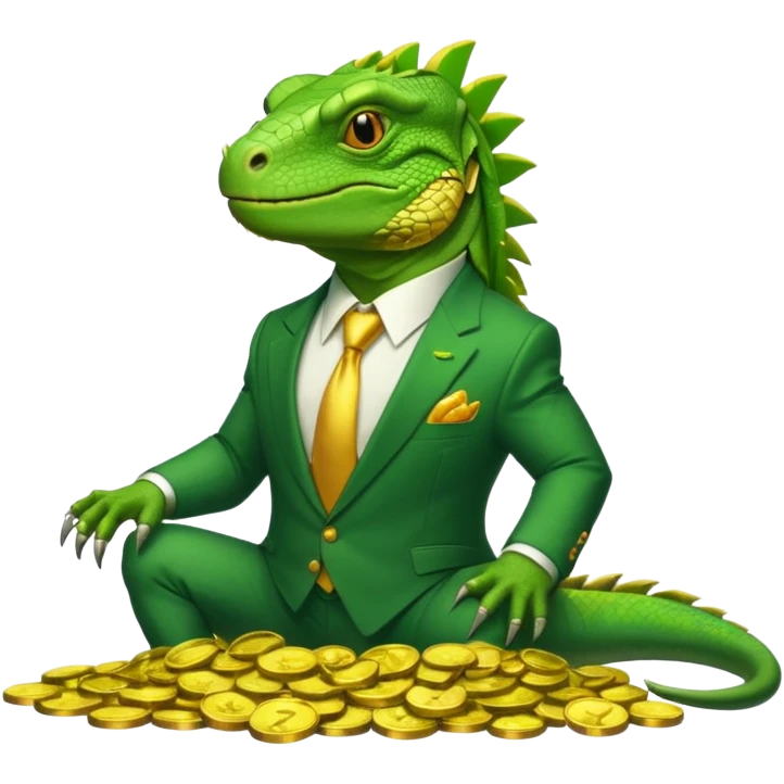 capitalist iguana in suit lying on coins emoji