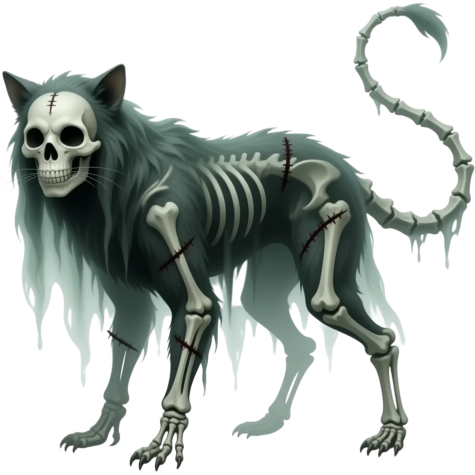 spectral spooky dark bleak blackish swampy white-skeletal gloomy ghostly dark greyish dark-deep-greenish foggy eldritch beautiful realistic edgy fantasy ghoul-like stitched vernid-sergal-fursona animal creature with a bony long thin tail emoji