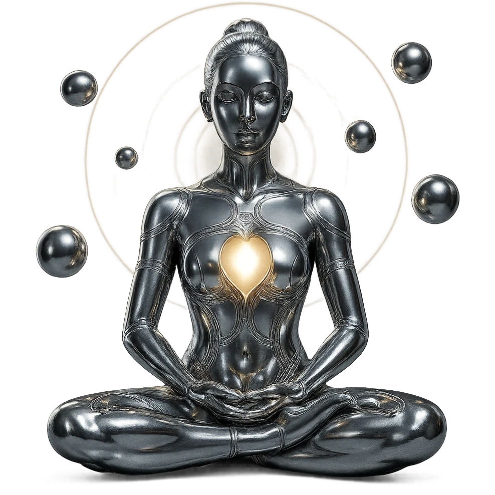 chrome style woman meditating in the lotus position with an open chest revealing a glowing light or energy inside, surrounded by spiraling spheres and a glowing aura, highly polished emoji