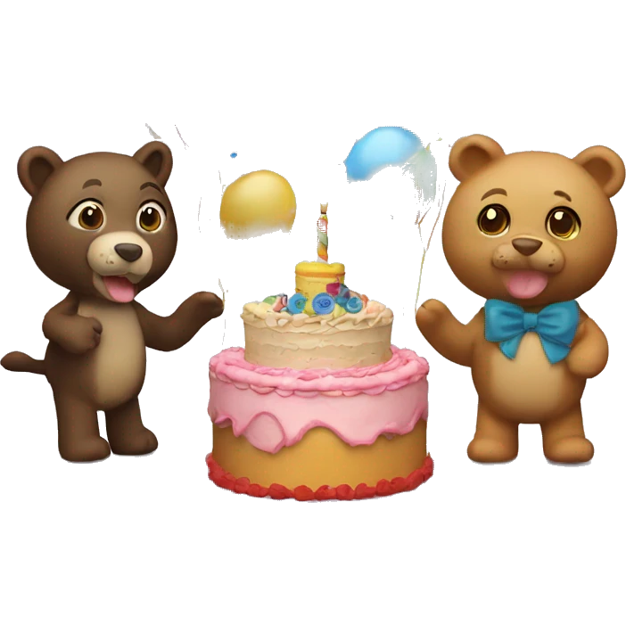 3 Stuffed animals and a birthday cake celebrating  emoji