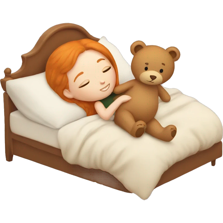 Ginger girl laying with teddy bear in bed emoji