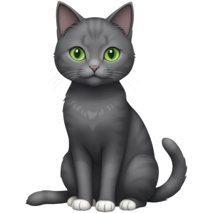 full body view of beautiful female solid dark grey cat with green eyes, white toes/paws and white patch on her chest emoji