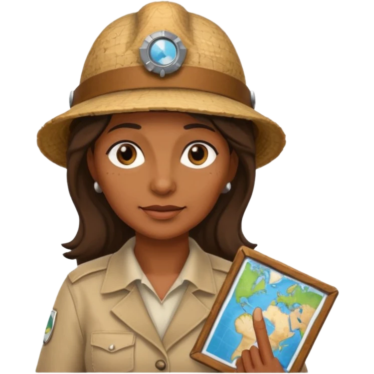 brown-skinned woman, 55 years old, archaeologist, archaeologist hat, small map next to her emoji