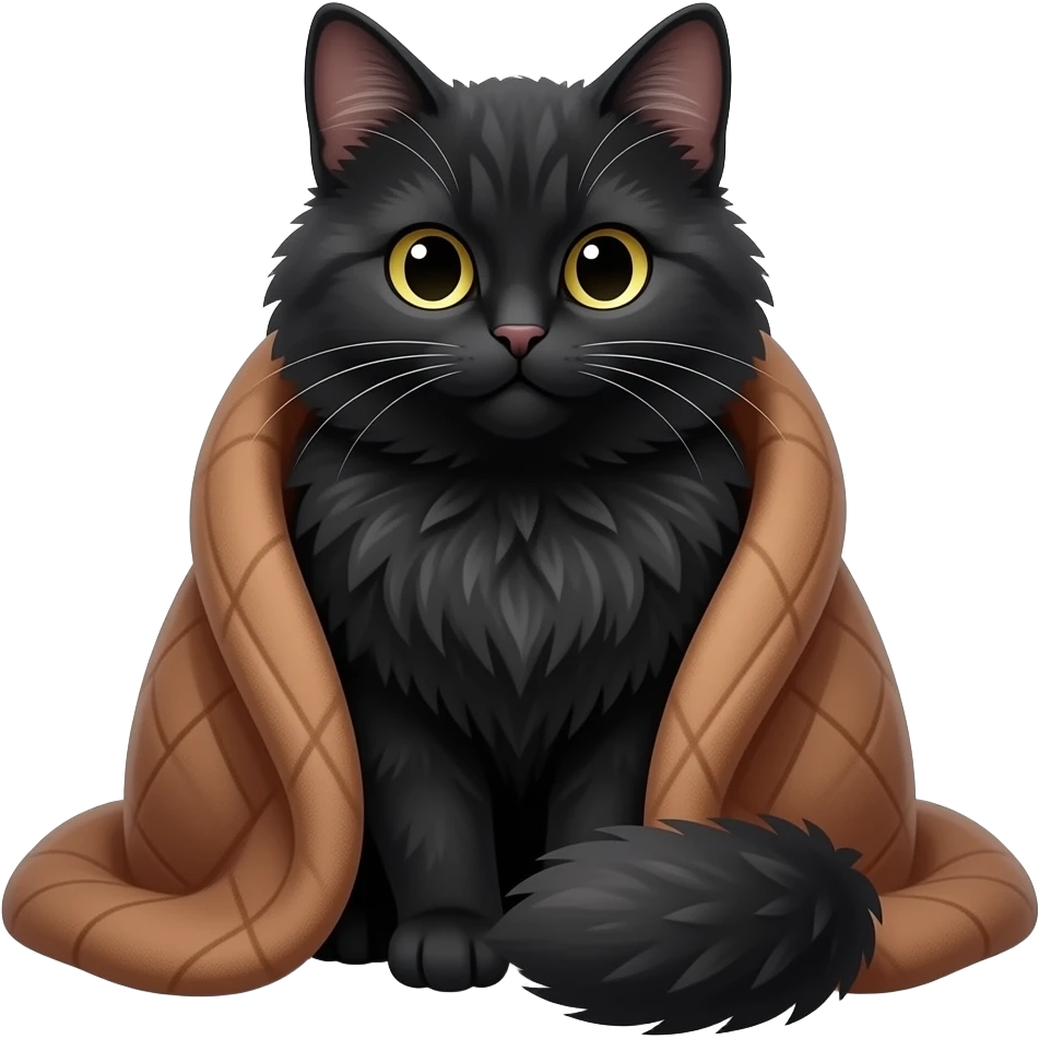 Пушистый Чёрный кот в бюрюзовым пледе emoji