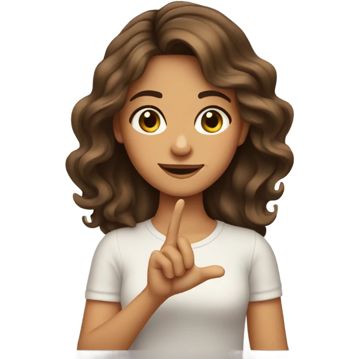 pretty tan brunette wavy hair girl holding her fingers in shape of an L in front of forehead emoji