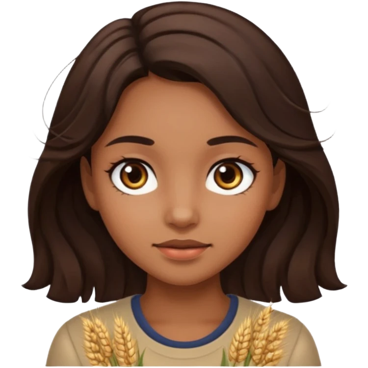 A girl with dark brown eyes and slightly wavy tips with dark brown hair flesh-colored wheat face emoji