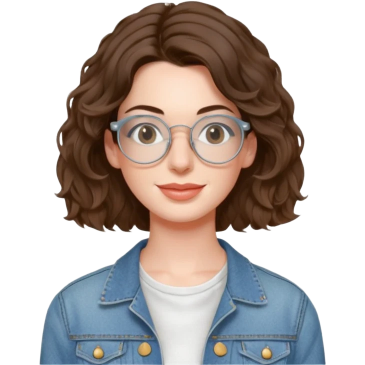 Anne Hathaway with wire-rimmed thin circle glasses and slightly curly hair, wearing a scoop neck white dress and a denim jacket  emoji