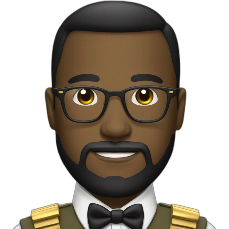black soldier with beard, part in hair, white collared shirt, bow tie, gold glasses, bulletproof vest  emoji