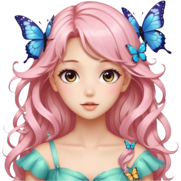 gorgeous shiny blushing anime lady with butterflies and beautiful hair fairycore high quality detailed vogue trending aesthetic emoji