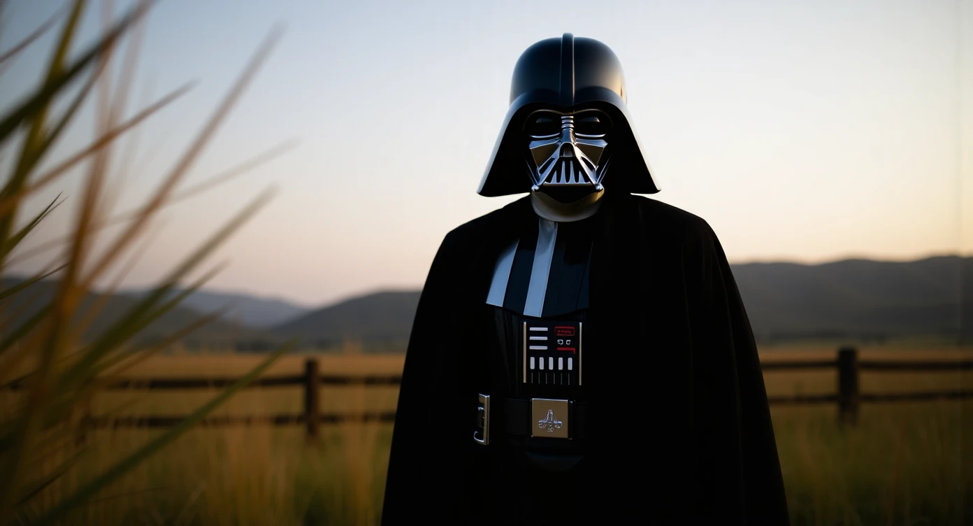 A portrait of a Darth vader in the foreground, blurred plants in the foreground (close to the camera), a wooden fence in the midground, rolling hills in the background, cinematic depth of field, layered composition, natural lighting emoji