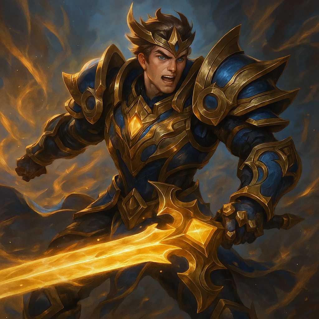 League of Legends inspired hero, ornate armor, glowing weapon, energetic, fantasy style, game art style emoji
